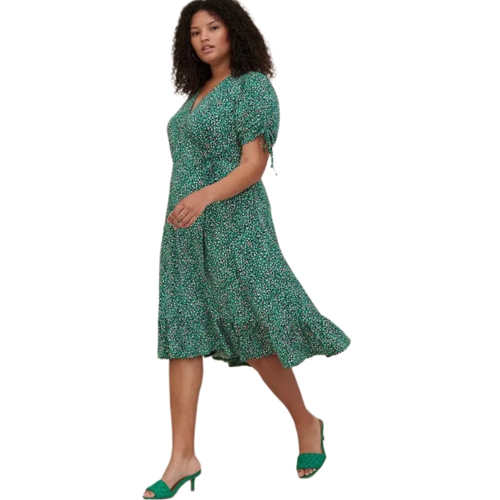 Torrid Green PolkaDot A-line Midi FauxWrap Dress